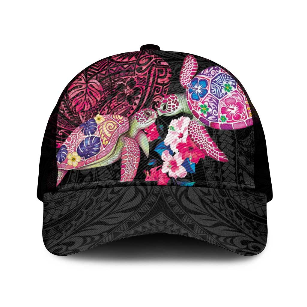 Hawaiian Couple Turtles Honi Mesh Trucker Cap Polynesian Art Motifs and Hibiscus Black Red Color - Polynesian Pride