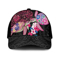 Hawaiian Couple Turtles Honi Mesh Trucker Cap Polynesian Art Motifs and Hibiscus Black Red Color - Polynesian Pride