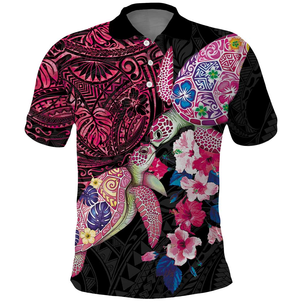 Hawaiian Couple Turtles Honi Polo Shirt Polynesian Art Motifs and Hibiscus Black Red Color LT03 Black - Polynesian Pride