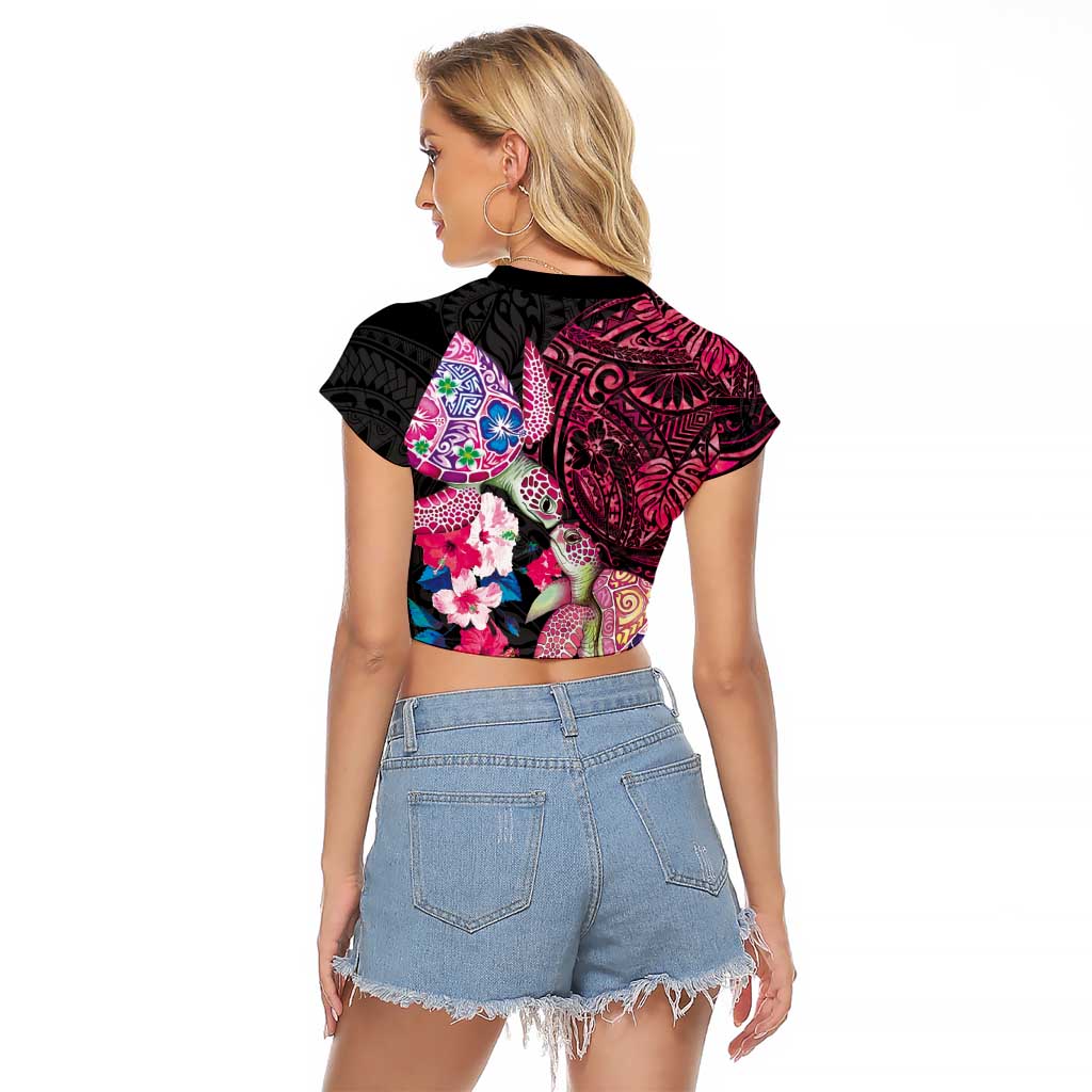 Hawaiian Couple Turtles Honi Raglan Cropped T Shirt Polynesian Art Motifs and Hibiscus Black Red Color LT03 - Polynesian Pride