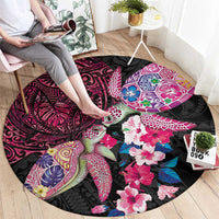 Hawaiian Couple Turtles Honi Round Carpet Polynesian Art Motifs and Hibiscus Black Red Color - Polynesian Pride