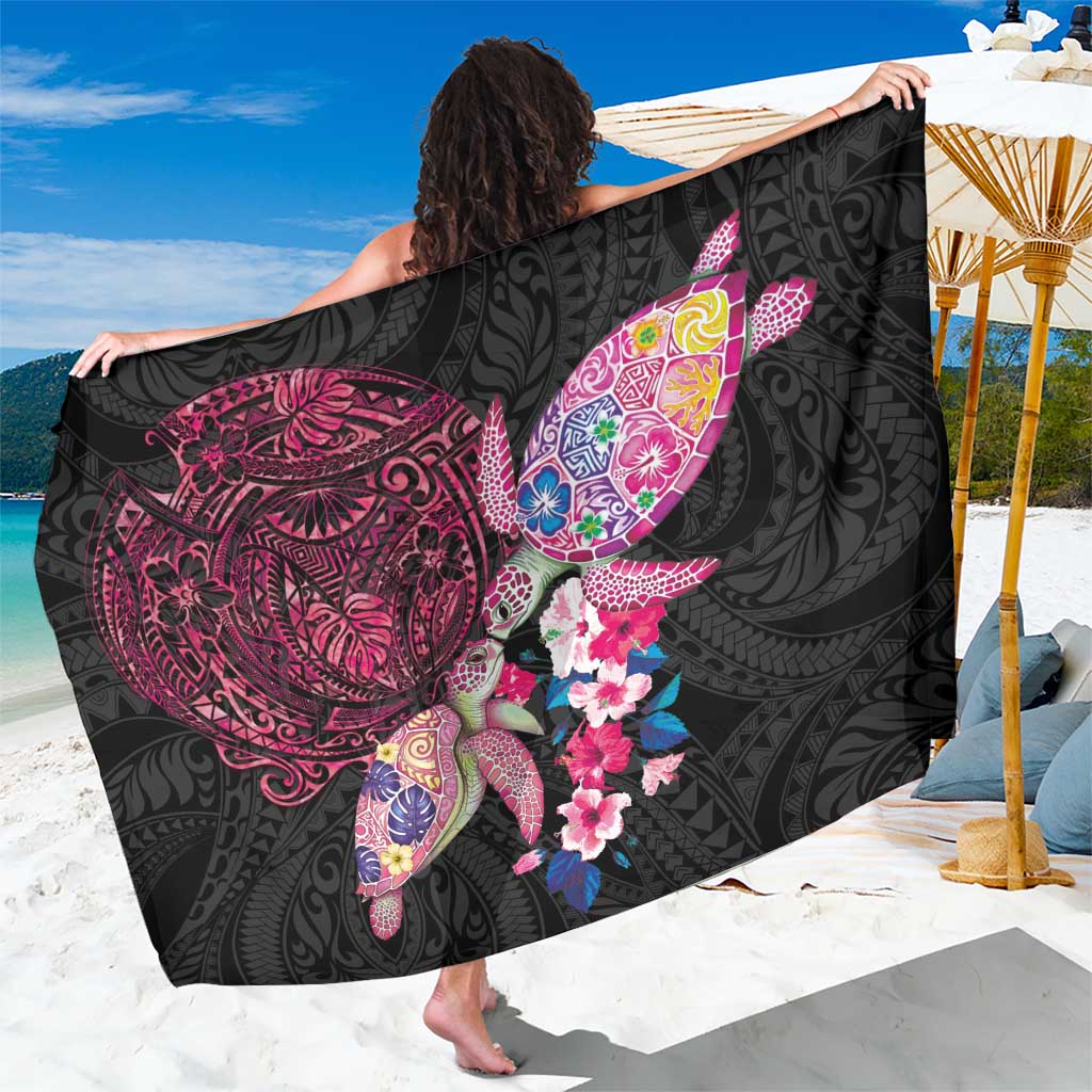 Hawaiian Couple Turtles Honi Sarong Polynesian Art Motifs and Hibiscus Black Red Color - Polynesian Pride