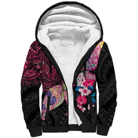 Hawaiian Couple Turtles Honi Sherpa Hoodie Polynesian Art Motifs and Hibiscus Black Red Color LT03 Unisex Black - Polynesian Pride