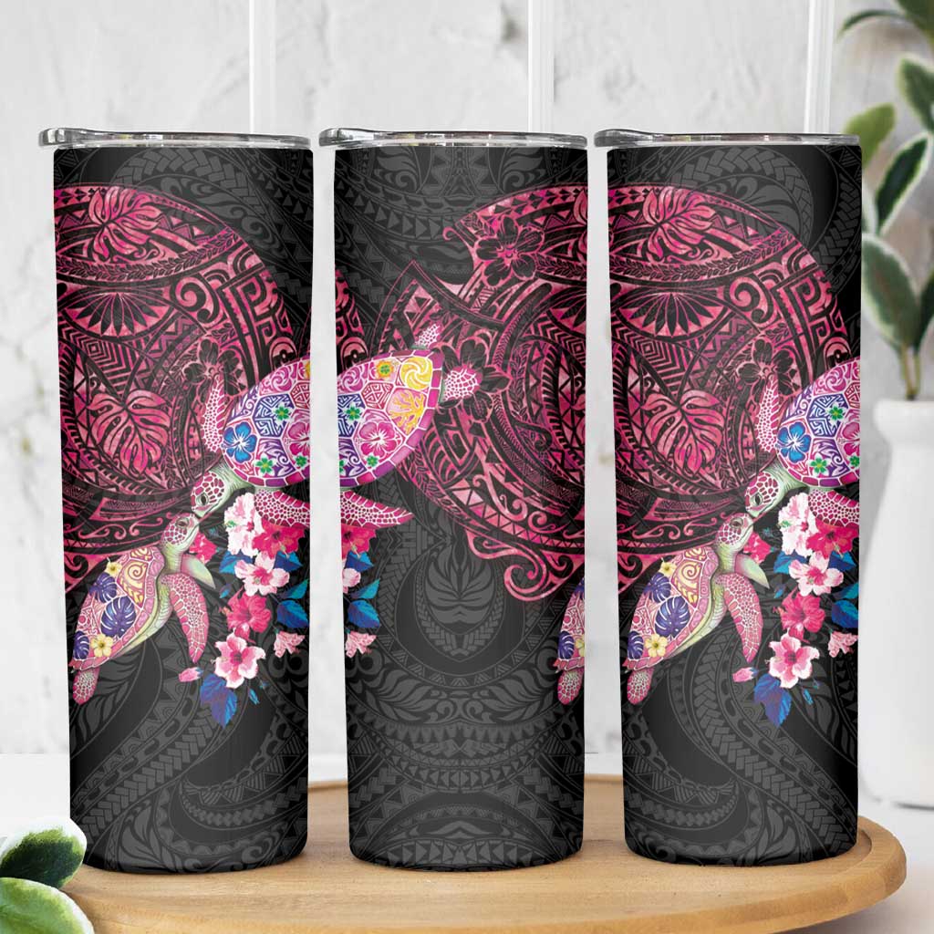 Hawaiian Couple Turtles Honi Skinny Tumbler Polynesian Art Motifs and Hibiscus Black Red Color LT03 - Polynesian Pride