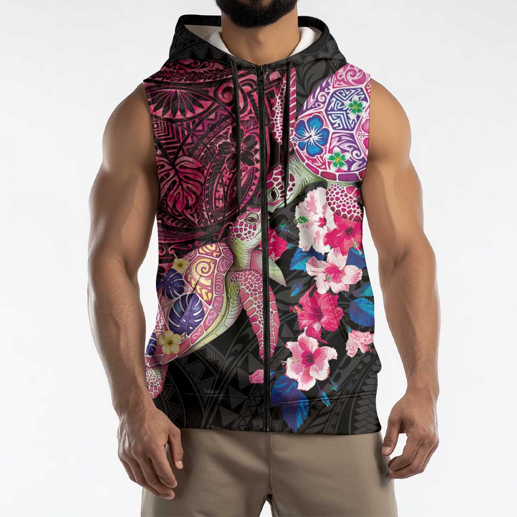 Hawaiian Couple Turtles Honi Sleeveless Zip Hoodie Polynesian Art Motifs and Hibiscus Black Red Color LT03 - Polynesian Pride