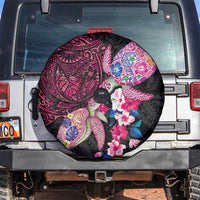 Hawaiian Couple Turtles Honi Spare Tire Cover Polynesian Art Motifs and Hibiscus Black Red Color LT03 Black - Polynesian Pride
