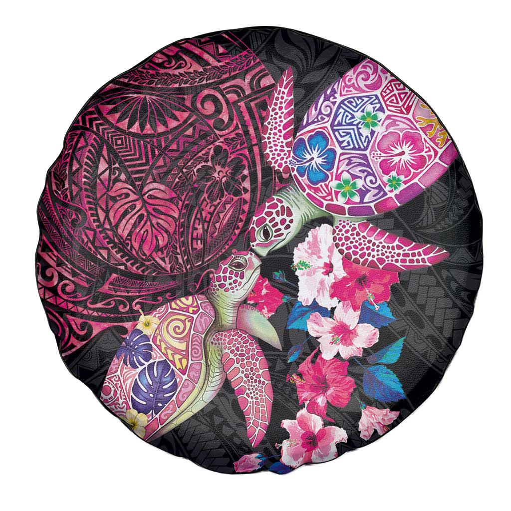 Hawaiian Couple Turtles Honi Spare Tire Cover Polynesian Art Motifs and Hibiscus Black Red Color LT03 - Polynesian Pride