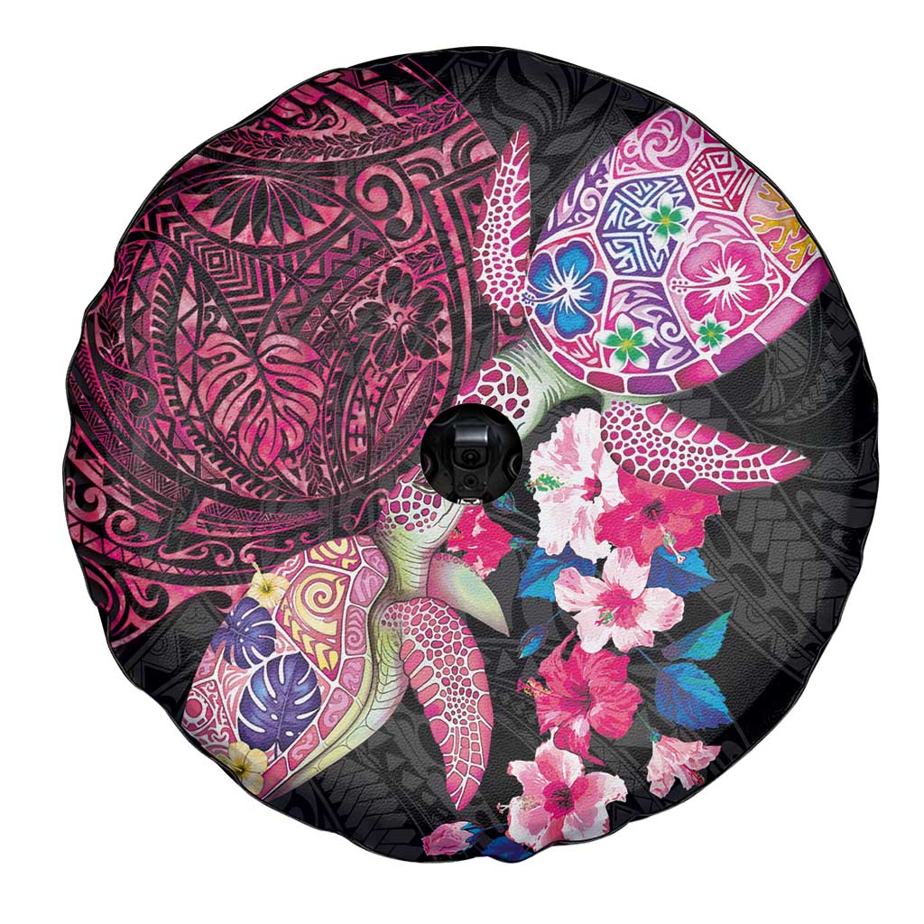 Hawaiian Couple Turtles Honi Spare Tire Cover Polynesian Art Motifs and Hibiscus Black Red Color LT03 - Polynesian Pride