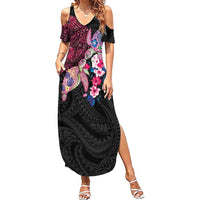 Hawaiian Couple Turtles Honi Summer Maxi Dress Polynesian Art Motifs and Hibiscus Black Red Color LT03 Women Black - Polynesian Pride