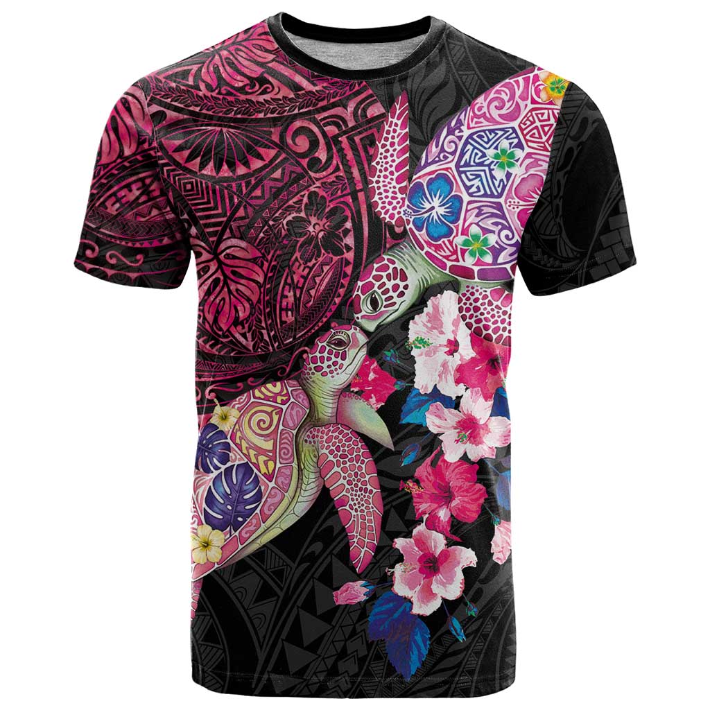Hawaiian Couple Turtles Honi T Shirt Polynesian Art Motifs and Hibiscus Black Red Color LT03 Black - Polynesian Pride