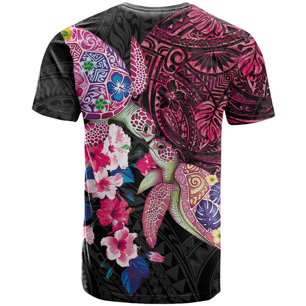 Hawaiian Couple Turtles Honi T Shirt Polynesian Art Motifs and Hibiscus Black Red Color LT03 - Polynesian Pride