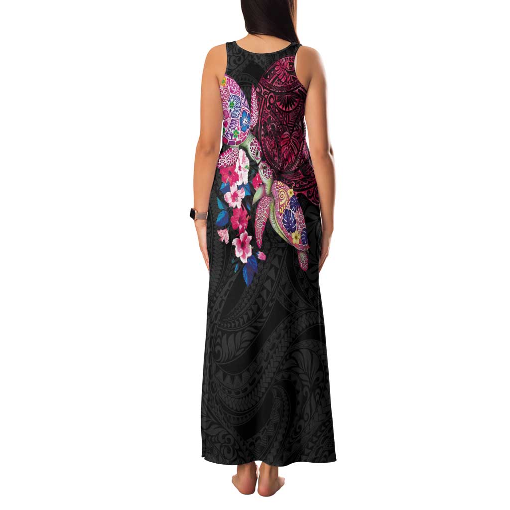 Hawaiian Couple Turtles Honi Tank Maxi Dress Polynesian Art Motifs and Hibiscus Black Red Color LT03 - Polynesian Pride