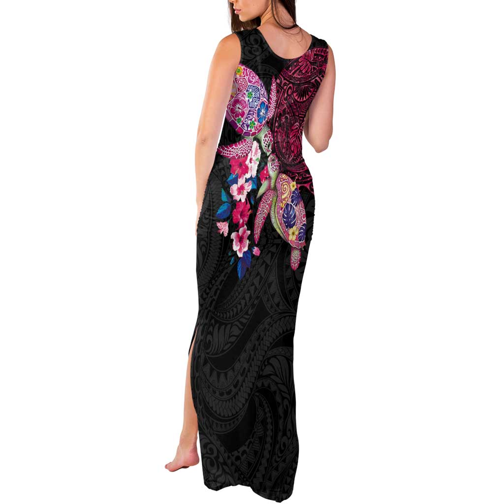 Hawaiian Couple Turtles Honi Tank Maxi Dress Polynesian Art Motifs and Hibiscus Black Red Color LT03 - Polynesian Pride