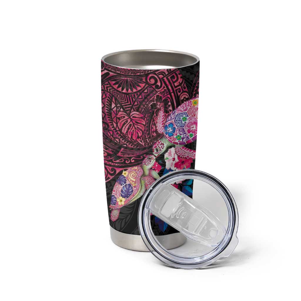 Hawaiian Couple Turtles Honi Tumbler Cup Polynesian Art Motifs and Hibiscus Black Red Color LT03 - Polynesian Pride