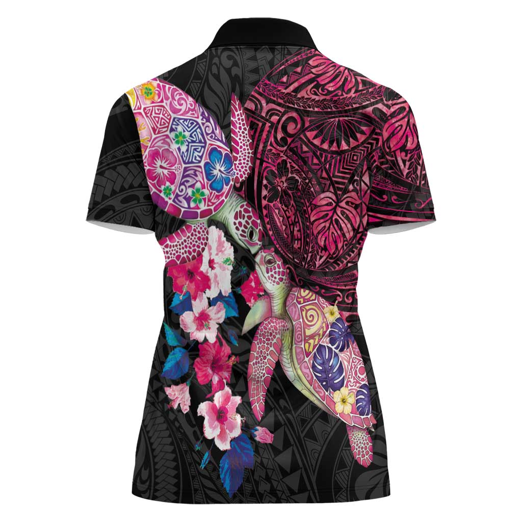 Hawaiian Couple Turtles Honi Women Polo Shirt Polynesian Art Motifs and Hibiscus Black Red Color LT03 - Polynesian Pride