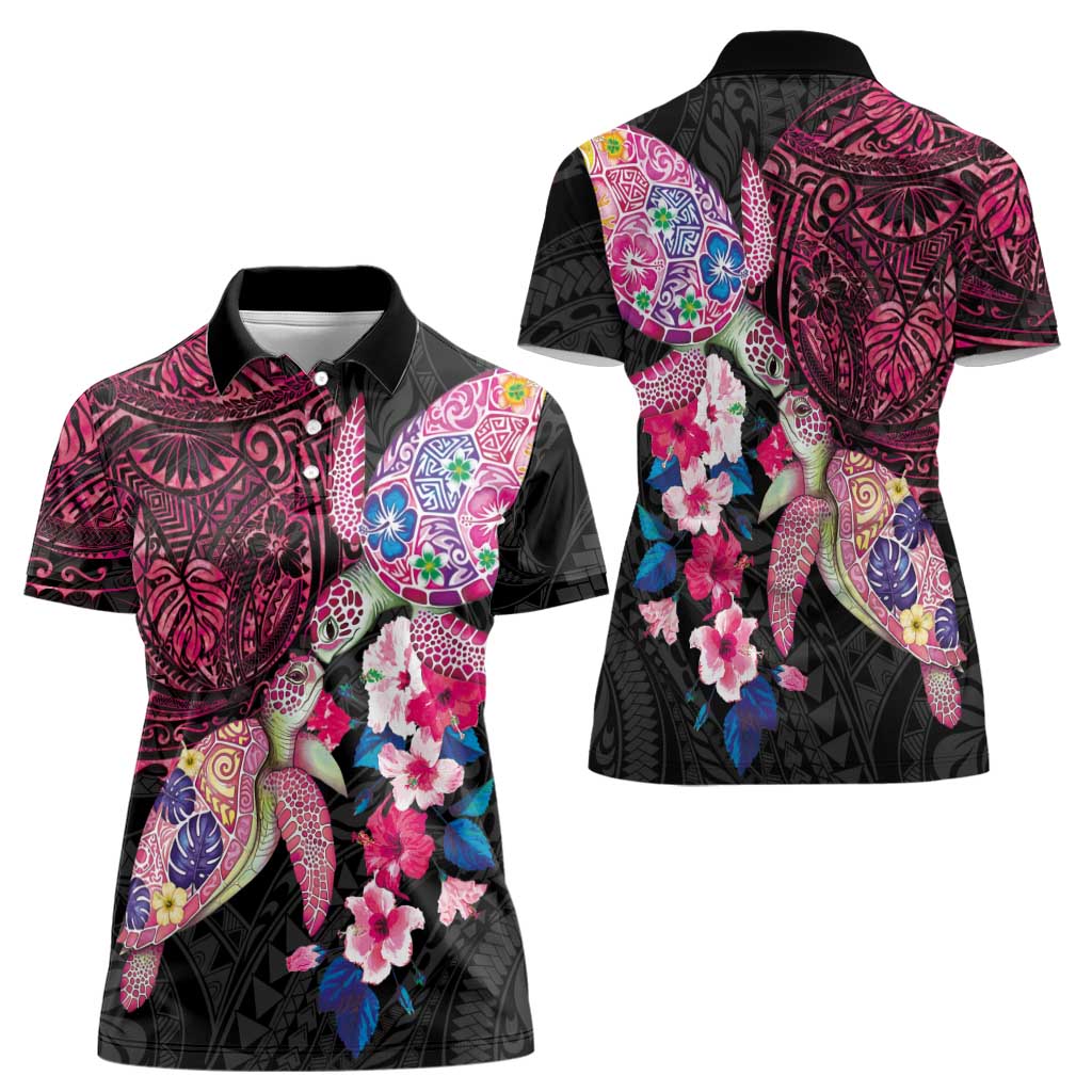 Hawaiian Couple Turtles Honi Women Polo Shirt Polynesian Art Motifs and Hibiscus Black Red Color LT03 - Polynesian Pride