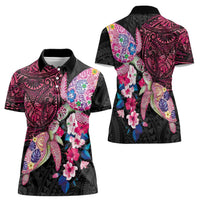 Hawaiian Couple Turtles Honi Women Polo Shirt Polynesian Art Motifs and Hibiscus Black Red Color LT03 - Polynesian Pride