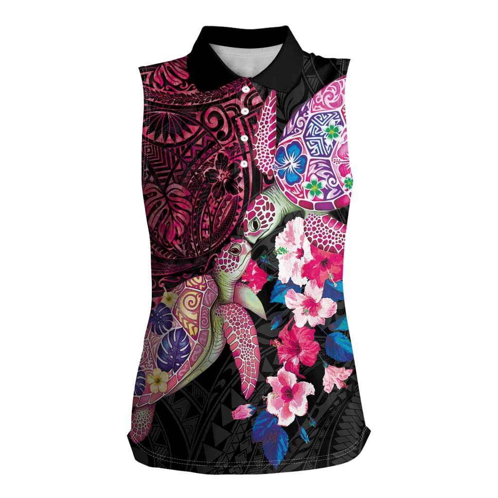 Hawaiian Couple Turtles Honi Women Sleeveless Polo Shirt Polynesian Art Motifs and Hibiscus Black Red Color LT03 Female Black - Polynesian Pride