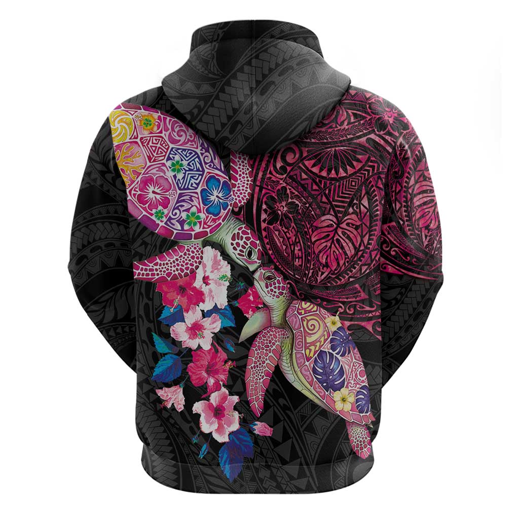 Hawaiian Couple Turtles Honi Zip Hoodie Polynesian Art Motifs and Hibiscus Black Red Color LT03 - Polynesian Pride