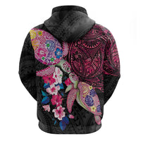 Hawaiian Couple Turtles Honi Zip Hoodie Polynesian Art Motifs and Hibiscus Black Red Color LT03 - Polynesian Pride