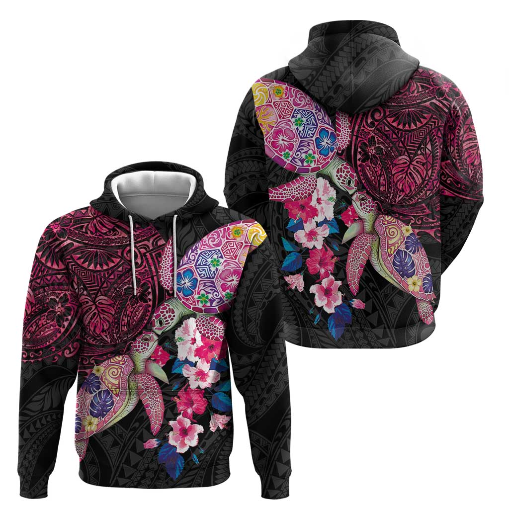 Hawaiian Couple Turtles Honi Zip Hoodie Polynesian Art Motifs and Hibiscus Black Red Color LT03 - Polynesian Pride