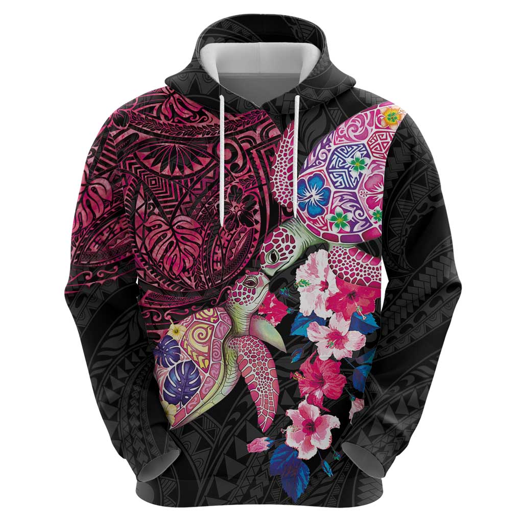 Hawaiian Couple Turtles Honi Zip Hoodie Polynesian Art Motifs and Hibiscus Black Red Color LT03 - Polynesian Pride