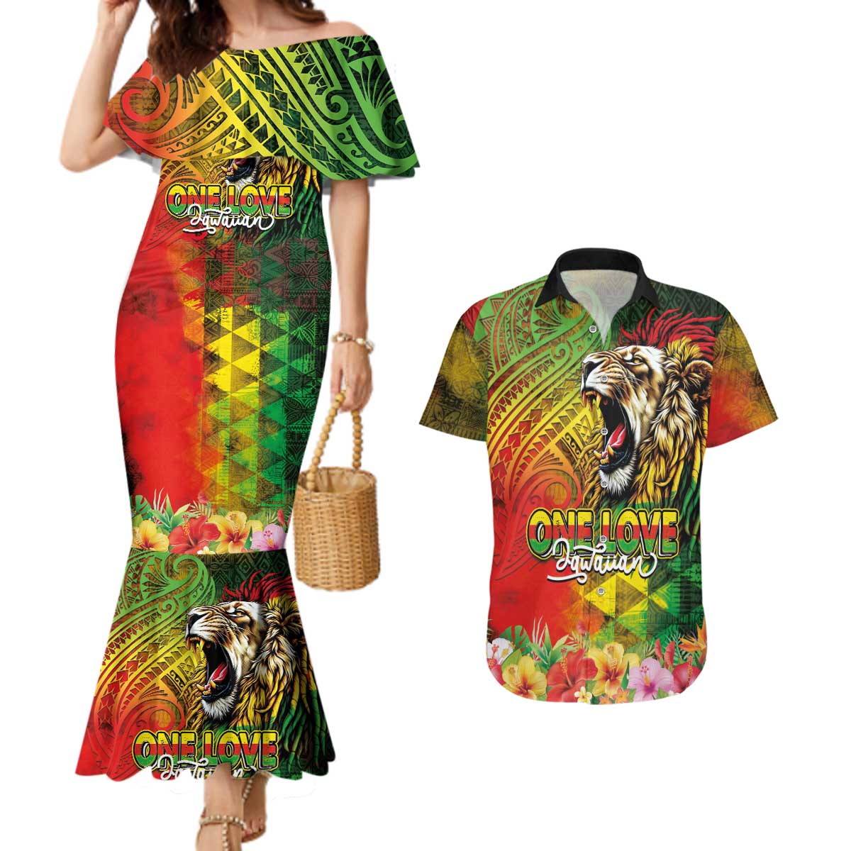 Hawaiian Reggae Couples Matching Mermaid Dress and Hawaiian Shirt Jawaiian One Love-Tribal Tatoos and Rastafari Lion - Polynesian Pride