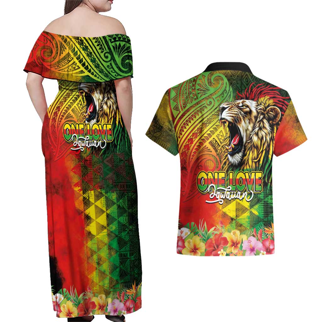 Hawaiian Reggae Couples Matching Off Shoulder Maxi Dress and Hawaiian Shirt Jawaiian One Love-Tribal Tatoos and Rastafari Lion LT03 - Polynesian Pride