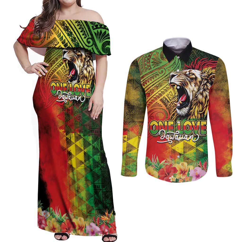 Hawaiian Reggae Couples Matching Off Shoulder Maxi Dress and Long Sleeve Button Shirt Jawaiian One Love-Tribal Tatoos and Rastafari Lion LT03 Multicolor - Polynesian Pride