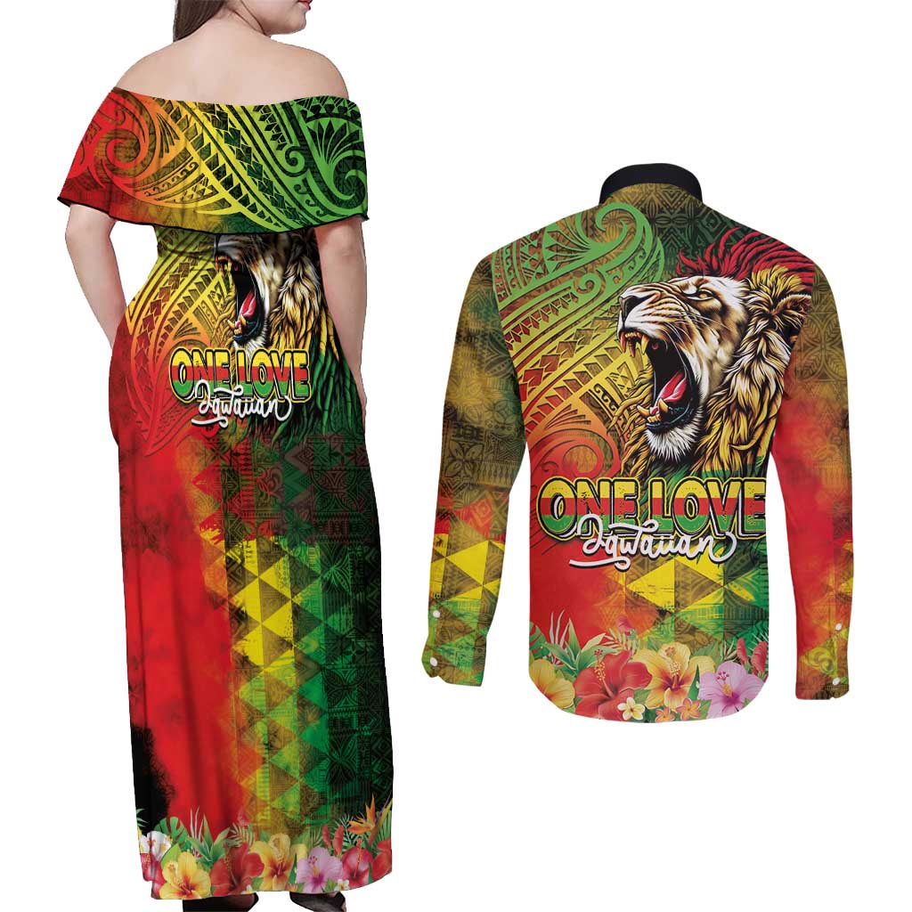 Hawaiian Reggae Couples Matching Off Shoulder Maxi Dress and Long Sleeve Button Shirt Jawaiian One Love-Tribal Tatoos and Rastafari Lion LT03 - Polynesian Pride