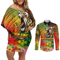 Hawaiian Reggae Couples Matching Off Shoulder Short Dress and Long Sleeve Button Shirt Jawaiian One Love-Tribal Tatoos and Rastafari Lion LT03 Multicolor - Polynesian Pride