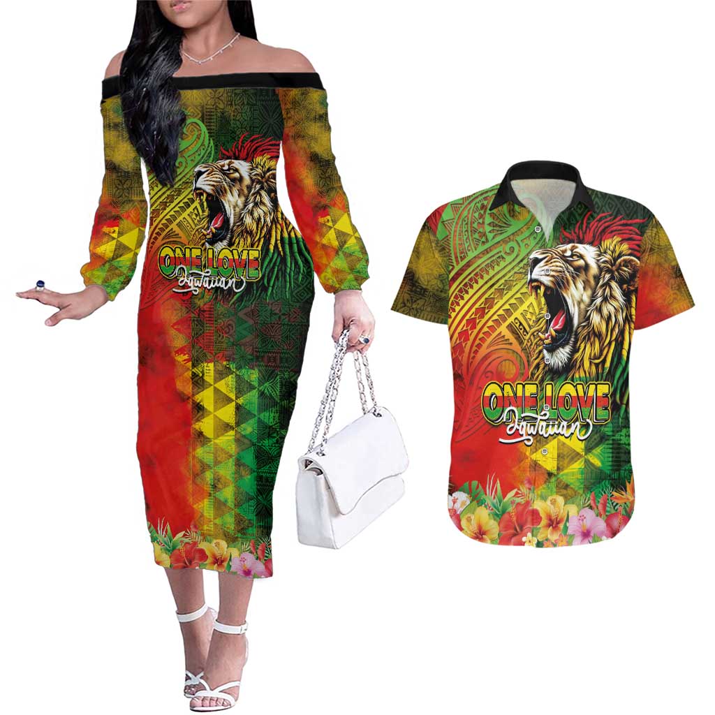 Hawaiian Reggae Couples Matching Off The Shoulder Long Sleeve Dress and Hawaiian Shirt Jawaiian One Love-Tribal Tatoos and Rastafari Lion LT03 Multicolor - Polynesian Pride