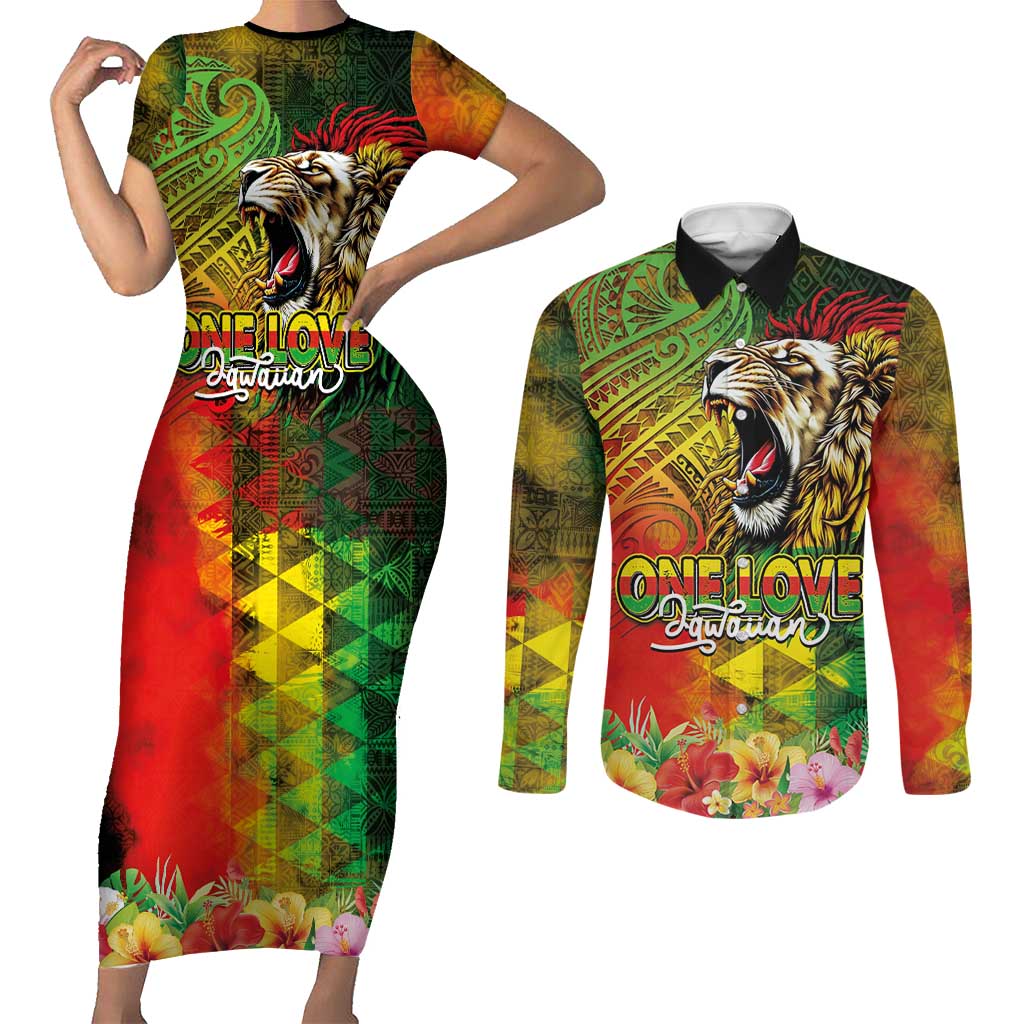Hawaiian Reggae Couples Matching Short Sleeve Bodycon Dress and Long Sleeve Button Shirt Jawaiian One Love-Tribal Tatoos and Rastafari Lion LT03 Multicolor - Polynesian Pride