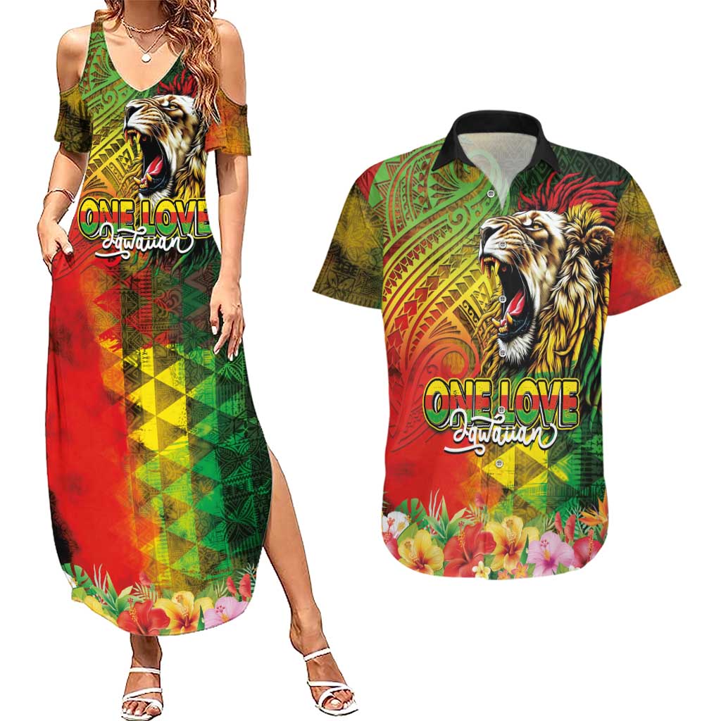 Hawaiian Reggae Couples Matching Summer Maxi Dress and Hawaiian Shirt Jawaiian One Love-Tribal Tatoos and Rastafari Lion LT03 Multicolor - Polynesian Pride