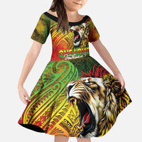Hawaiian Reggae Family Matching Mermaid Dress and Hawaiian Shirt Jawaiian One Love-Tribal Tatoos and Rastafari Lion LT03 Daughter's Dress Multicolor - Polynesian Pride