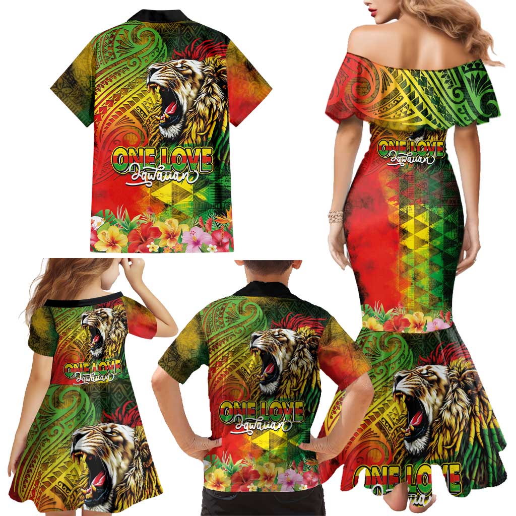 Hawaiian Reggae Family Matching Mermaid Dress and Hawaiian Shirt Jawaiian One Love-Tribal Tatoos and Rastafari Lion LT03 - Polynesian Pride
