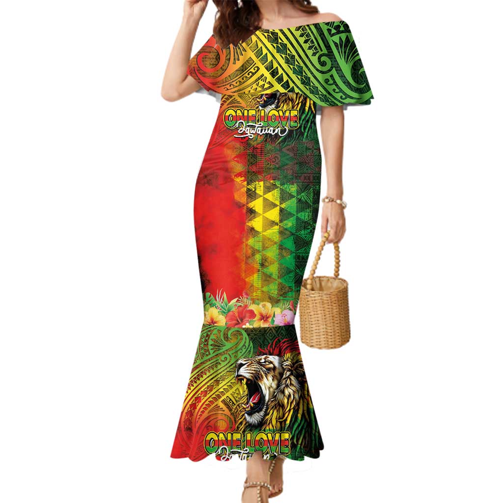 Hawaiian Reggae Family Matching Mermaid Dress and Hawaiian Shirt Jawaiian One Love-Tribal Tatoos and Rastafari Lion LT03 Mom's Dress Multicolor - Polynesian Pride
