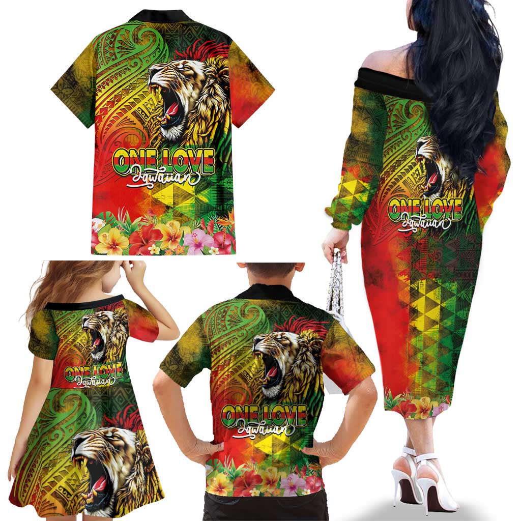 Hawaiian Reggae Family Matching Off The Shoulder Long Sleeve Dress and Hawaiian Shirt Jawaiian One Love-Tribal Tatoos and Rastafari Lion LT03 - Polynesian Pride