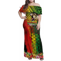 Hawaiian Reggae Family Matching Off Shoulder Maxi Dress and Hawaiian Shirt Jawaiian One Love-Tribal Tatoos and Rastafari Lion LT03 Mom's Dress Multicolor - Polynesian Pride