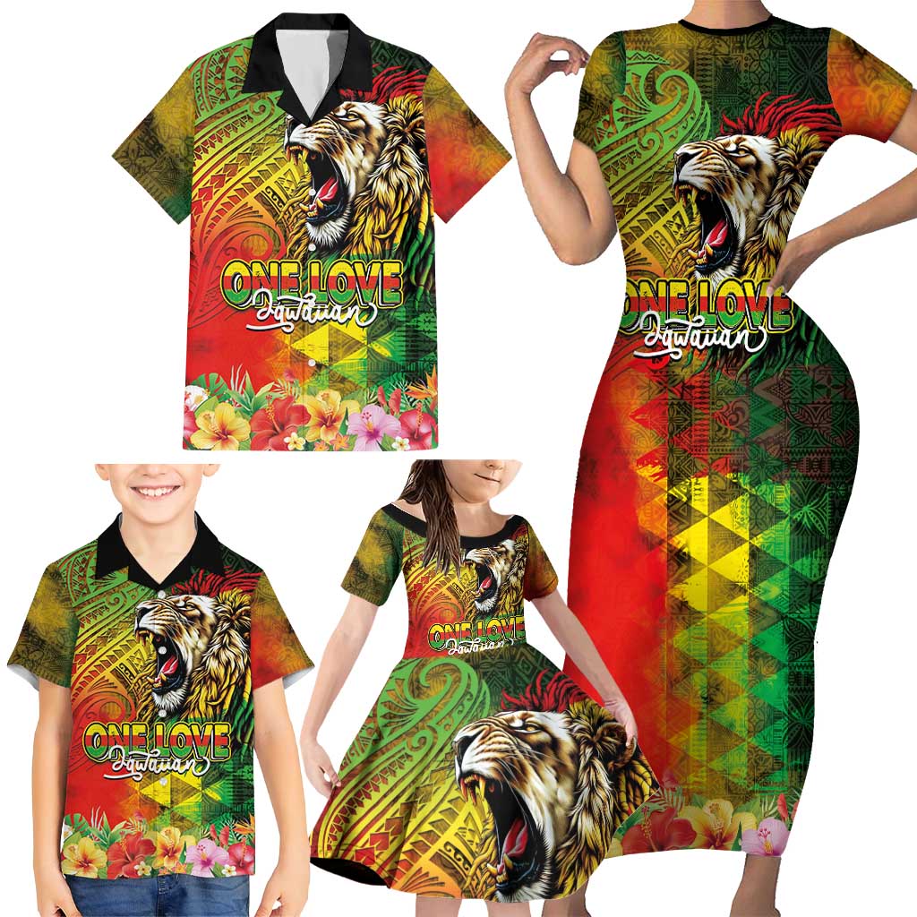 Hawaiian Reggae Family Matching Short Sleeve Bodycon Dress and Hawaiian Shirt Jawaiian One Love-Tribal Tatoos and Rastafari Lion - Polynesian Pride