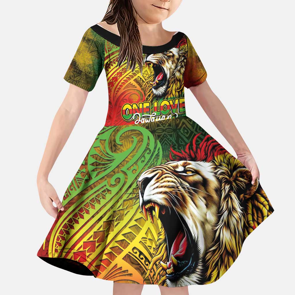 Hawaiian Reggae Family Matching Tank Maxi Dress and Hawaiian Shirt Jawaiian One Love-Tribal Tatoos and Rastafari Lion LT03 Daughter's Dress Multicolor - Polynesian Pride