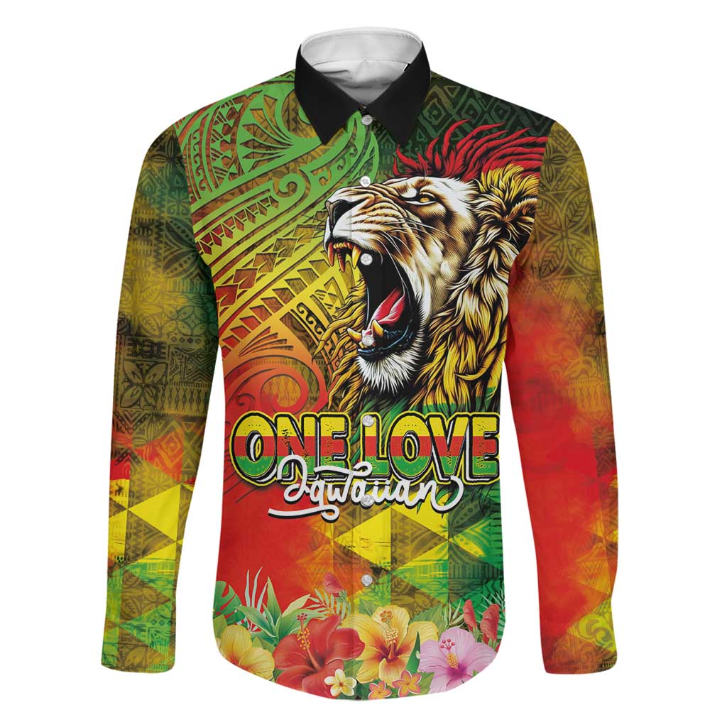 Hawaiian Reggae Family Matching Tank Maxi Dress and Hawaiian Shirt Jawaiian One Love-Tribal Tatoos and Rastafari Lion LT03 Dad's Shirt - Long Sleeve Multicolor - Polynesian Pride