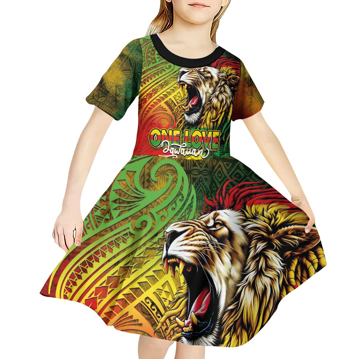 Hawaiian Reggae Kid Short Sleeve Dress Jawaiian One Love-Tribal Tatoos and Rastafari Lion LT03 - Polynesian Pride