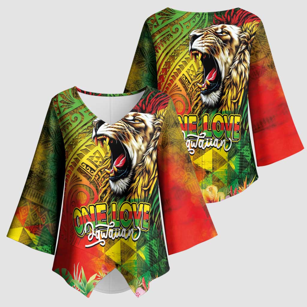 Hawaiian Reggae Kimono Sleeve Blouse Jawaiian One Love-Tribal Tatoos and Rastafari Lion LT03 - Polynesian Pride