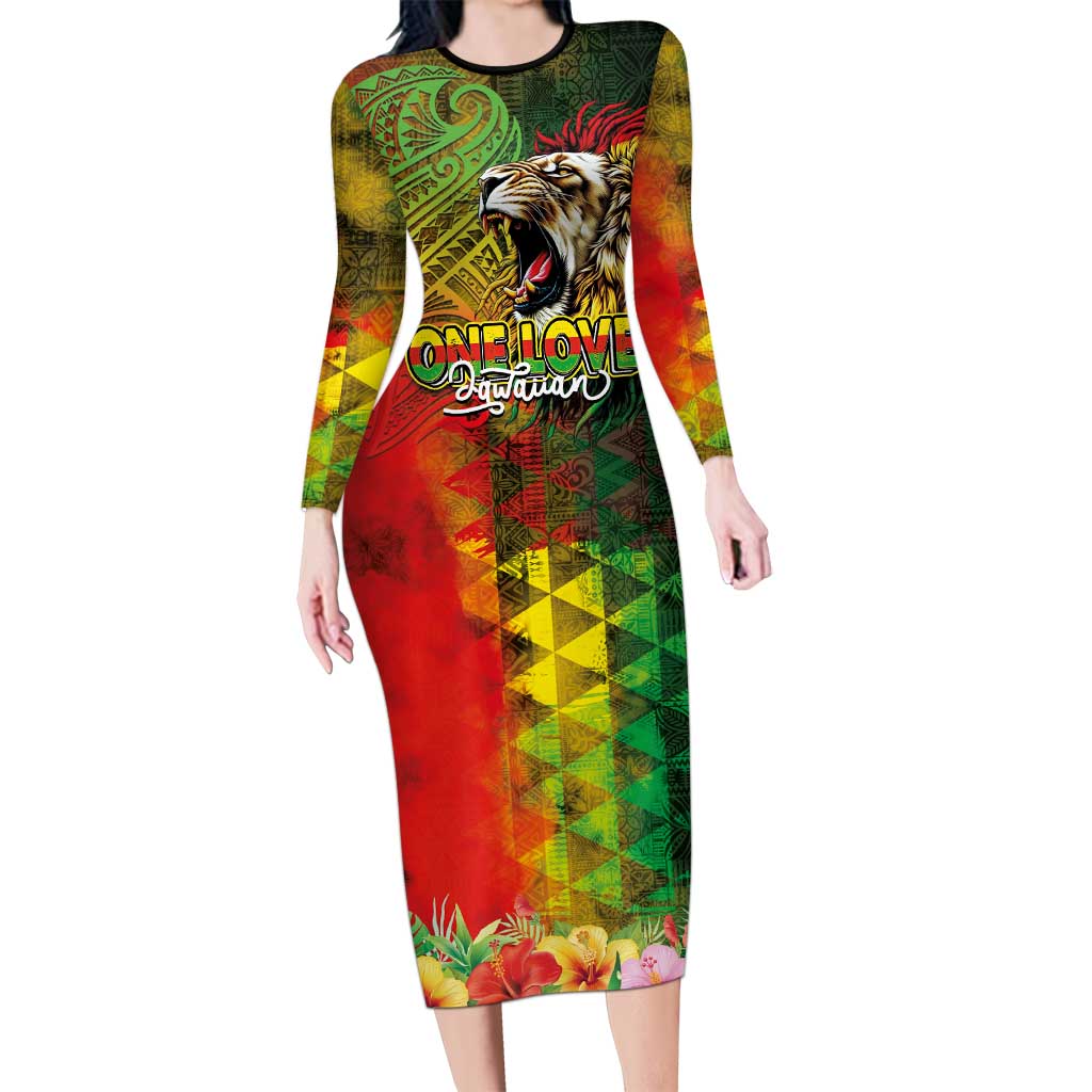 Hawaiian Reggae Long Sleeve Bodycon Dress Jawaiian One Love-Tribal Tatoos and Rastafari Lion LT03 Long Dress Multicolor - Polynesian Pride