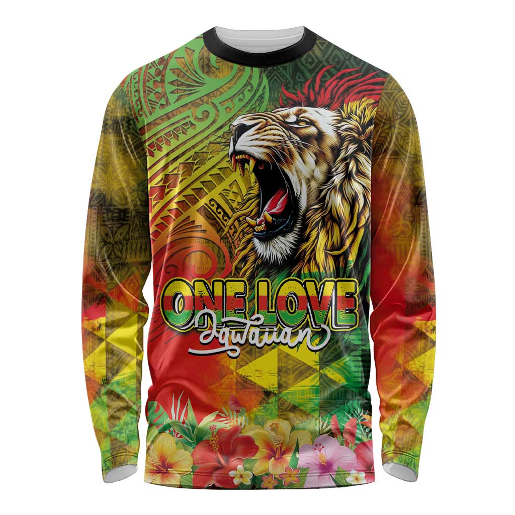 Hawaiian Reggae Long Sleeve Shirt Jawaiian One Love-Tribal Tatoos and Rastafari Lion LT03 Unisex Multicolor - Polynesian Pride