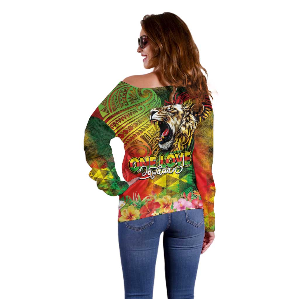 Hawaiian Reggae Off Shoulder Sweater Jawaiian One Love-Tribal Tatoos and Rastafari Lion - Polynesian Pride