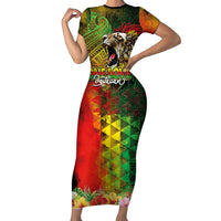 Hawaiian Reggae Short Sleeve Bodycon Dress Jawaiian One Love-Tribal Tatoos and Rastafari Lion LT03 Long Dress Multicolor - Polynesian Pride