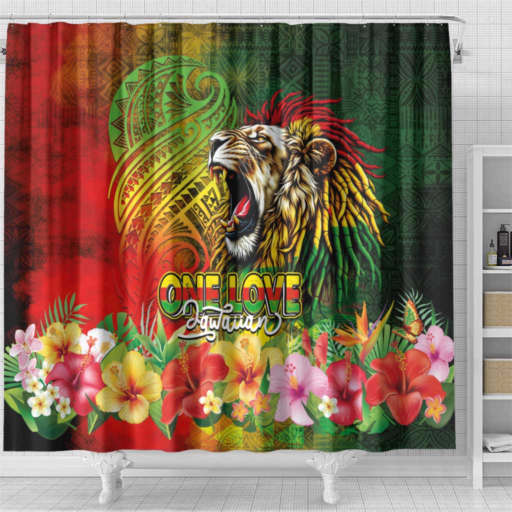 Hawaiian Reggae Shower Curtain Jawaiian One Love-Tribal Tatoos and Rastafari Lion - Polynesian Pride