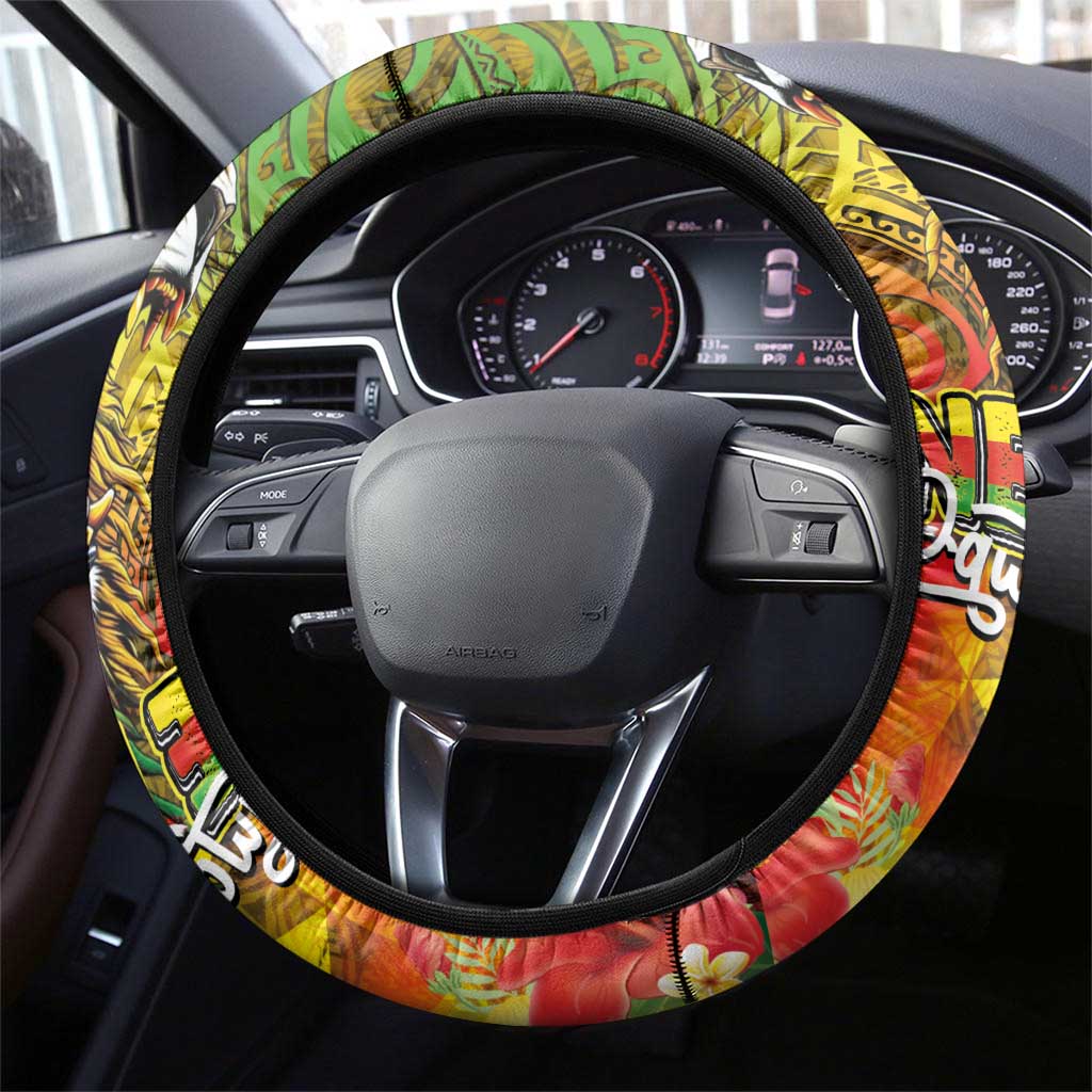 Hawaiian Reggae Steering Wheel Cover Jawaiian One Love-Tribal Tatoos and Rastafari Lion LT03 - Polynesian Pride